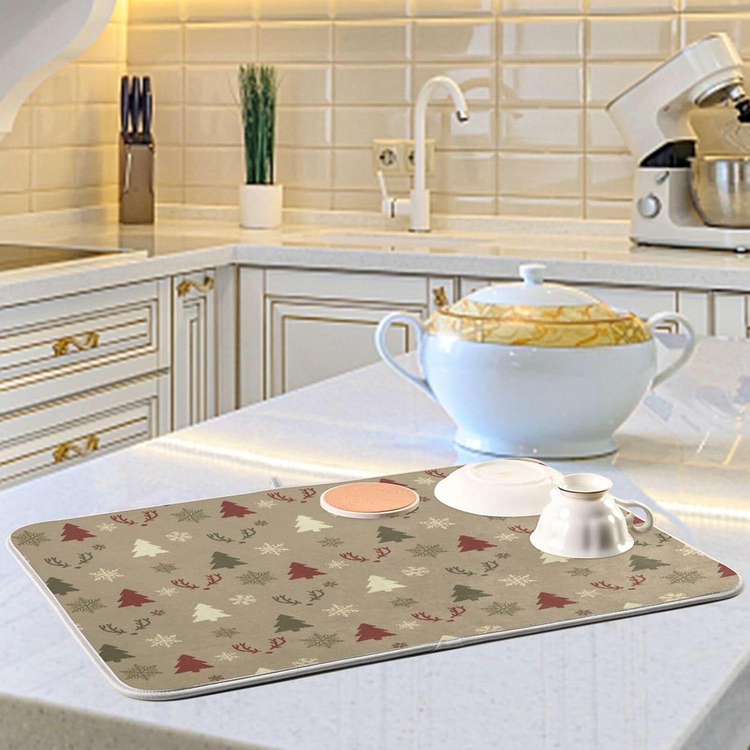 Tapete de secado de platos con copos de nieve y ciervos de Navidad, lavable, absorbente, bandeja escurridor de platos, tapete para cocina, 16 x 18