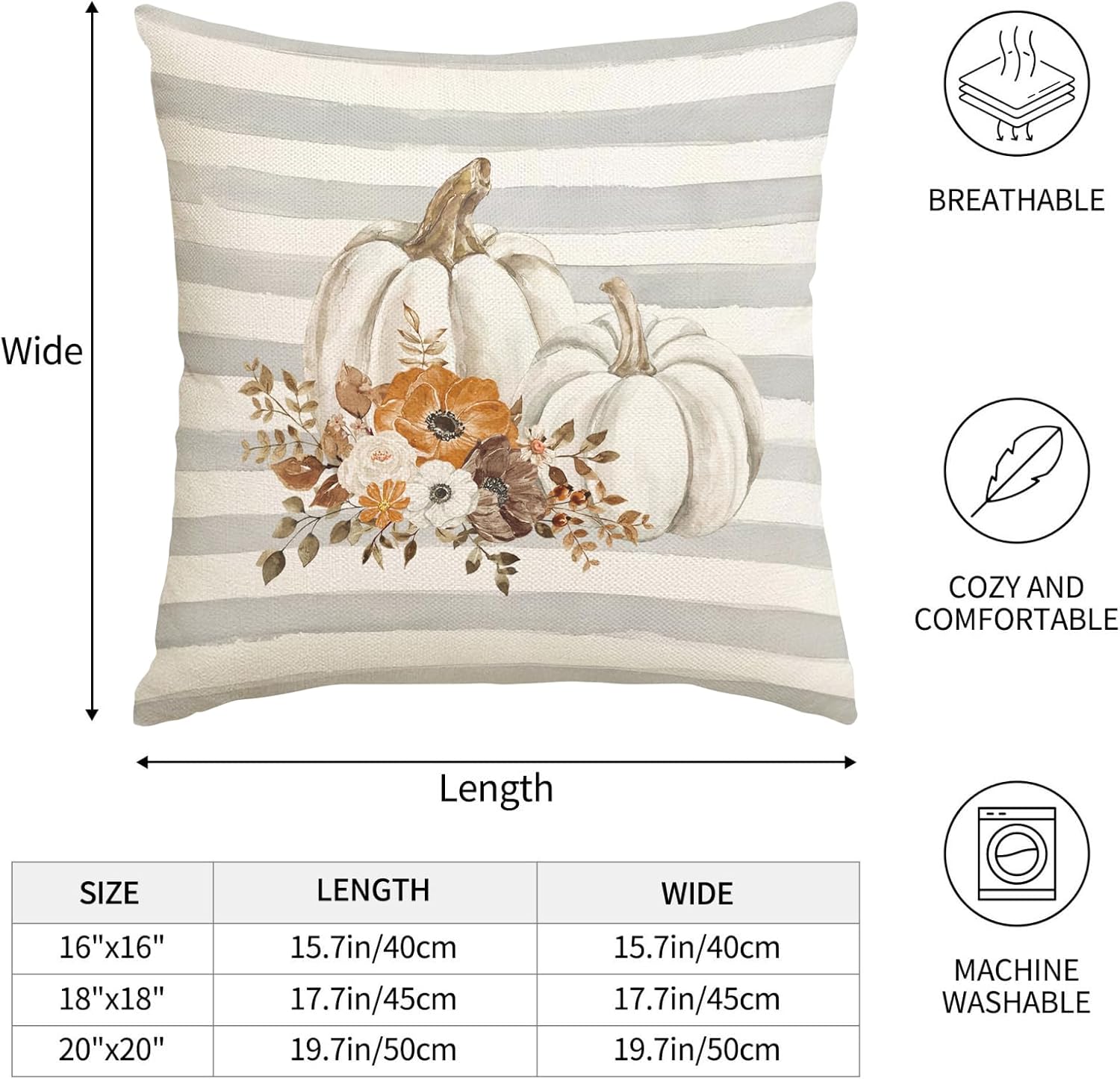 EKOREST Fundas de almohada de otoño de Acción de Gracias de 18 x 18 pulgadas, diseño de calabazas de rayas blancas con flores, decoración de otoño