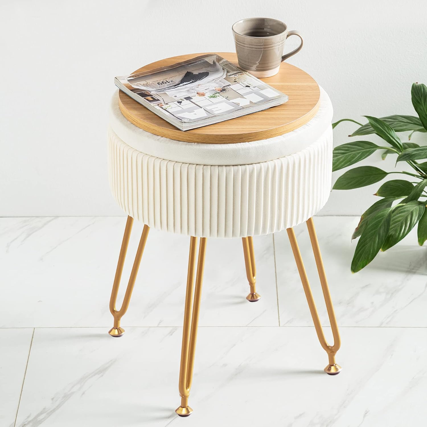 Taburete estilo otomano de terciopelo para almacenamiento, tapizado plisado, con patas de metal ideal para utilizarlo como mesa de café, taburete