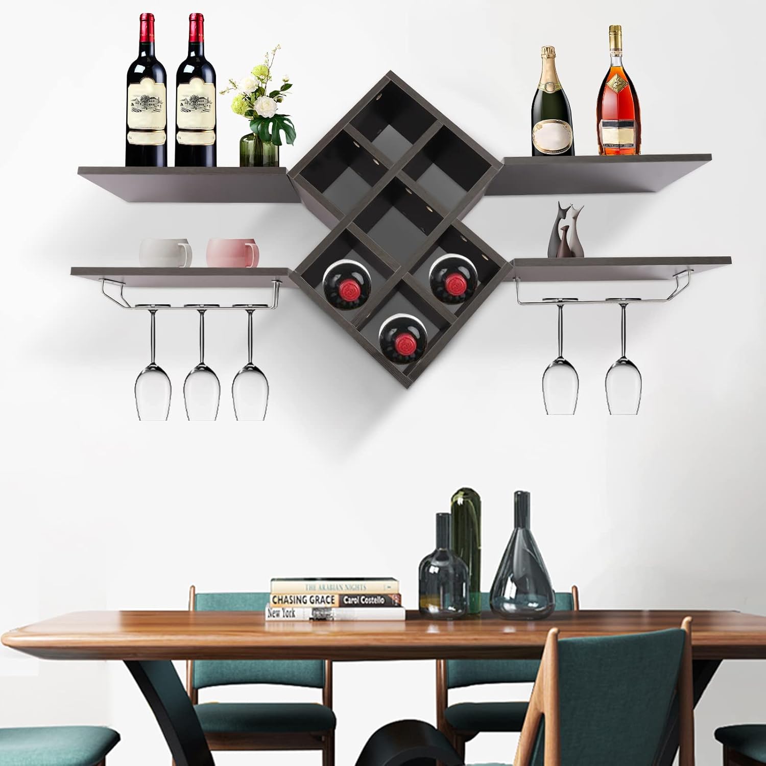 Estante de pared para vino, soporte para copas de vino, estante de vidrio multifuncional, estante de almacenamiento de vino para botellas de vino,