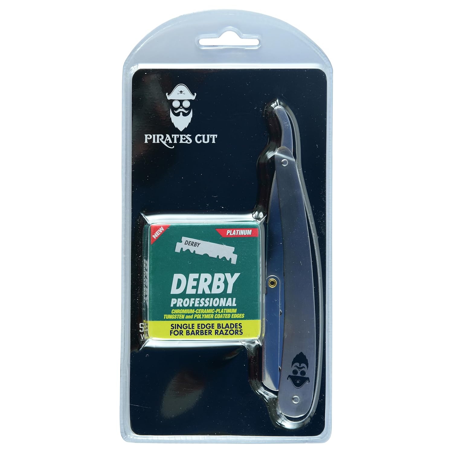 Pirates Cut Maquinilla de afeitar profesional de borde recto con 100 cuchillas Derby, 100% acero inoxidable, afeitadoras de seguridad de borde