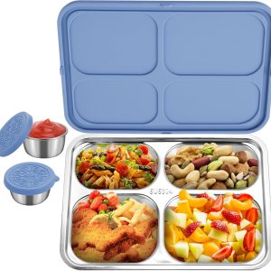 Caja Bento de acero inoxidable con 2 tazas de salsa, 4 compartimentos de alta calidad, lonchera de metal para niños o adultos (azul) Caja Bento de acero inoxidable con 2 tazas de salsa, 4 compartimentos de alta calidad, lonchera de metal para niños o adultos (azul)