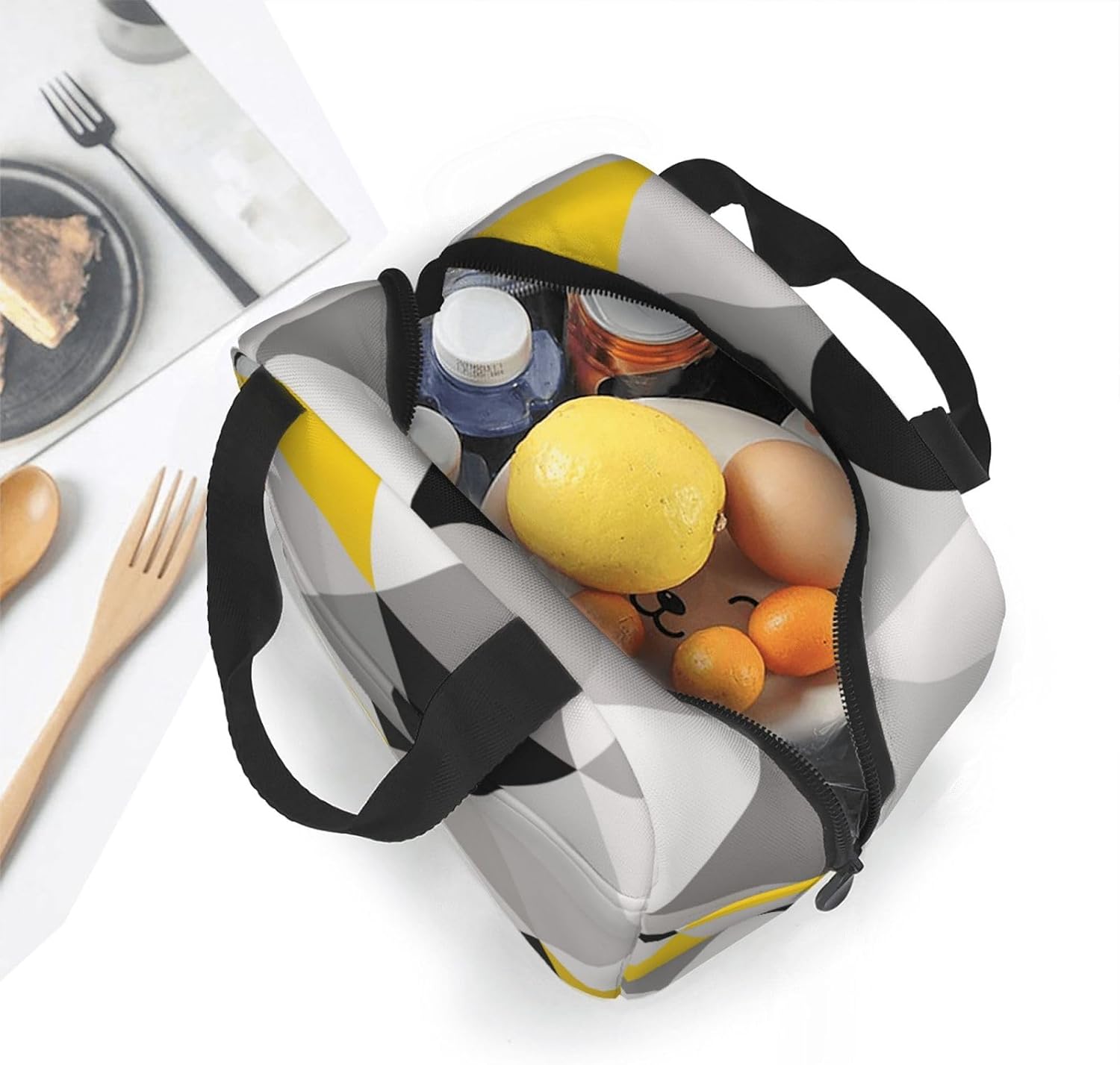 Bolsa de almuerzo reutilizable con aislamiento, triángulos geométricos blancos, amarillos y grises, caja de mano para preparación de comidas para