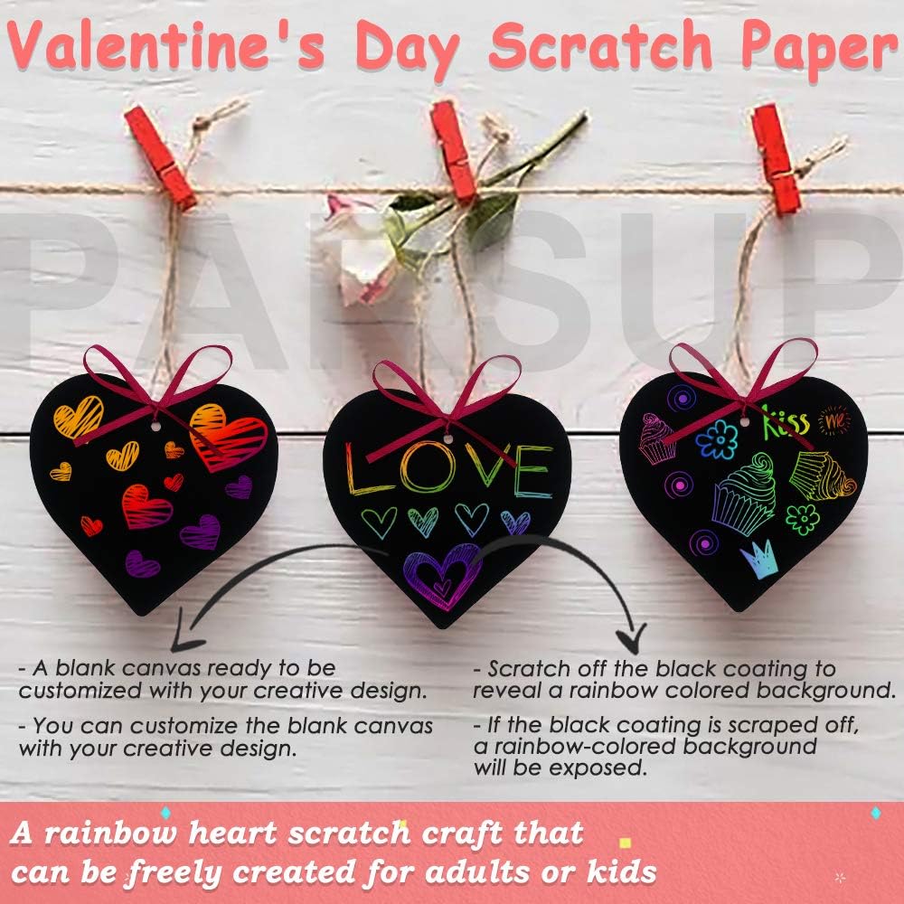 Papel para rascar para el día de San Valentín, 96 piezas de arte arcoíris en forma de corazón con lápices y cintas de madera para niños, artes