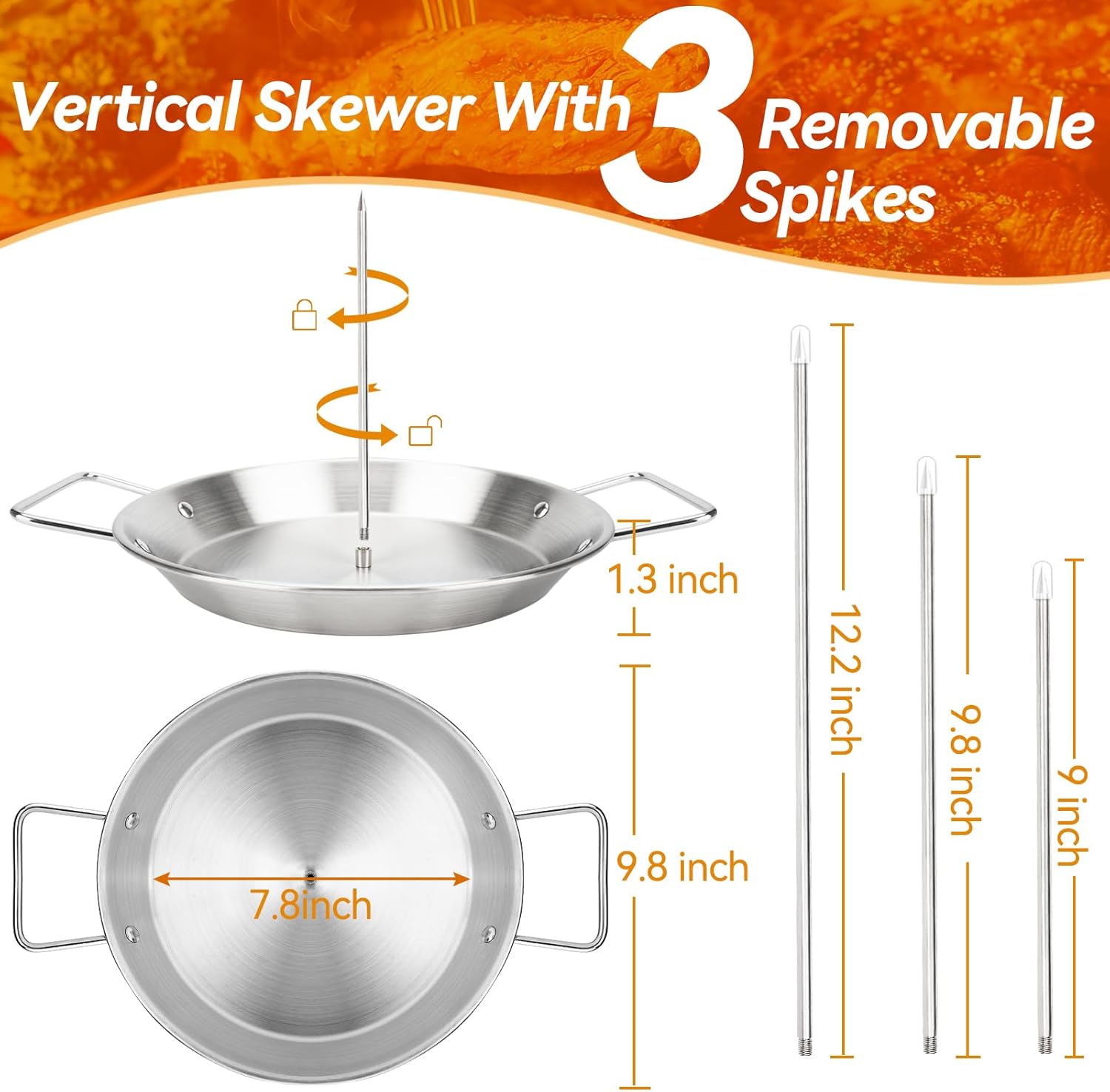 Brocheta vertical para barbacoa, brocheta Al Pastor para parrilla, pincho grueso de acero inoxidable para barbacoa para soporte vertical con 3 picos