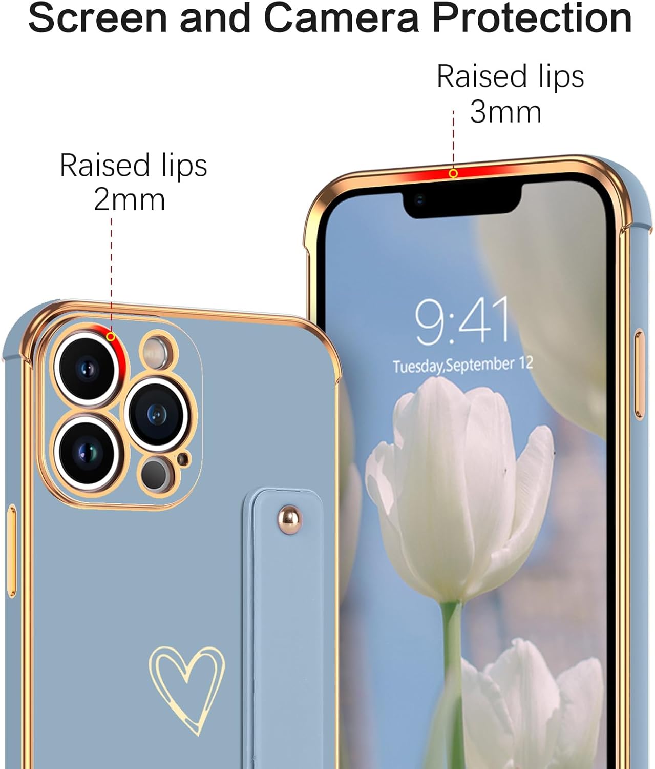 BENTOBEN Funda para teléfono iPhone 13 Pro Max, con correa ajustable con bonito corazón, soporte de soporte, a prueba de golpes, protección de TPU
