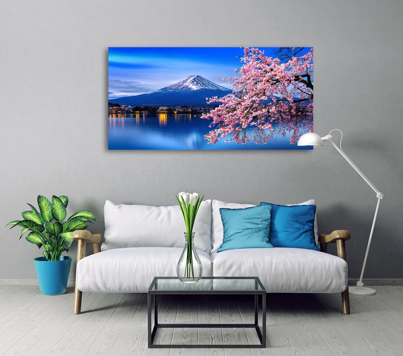 Aibonnly Lienzo decorativo para pared, diseño de cerezos en flor de monte Fuji, 1 pieza, póster enmarcado y estirado listo para colgar para sala de