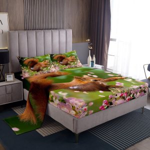 Juego de sábanas de ardilla tamaño Queen con estampado de flor de cerezo rosa para niños y niñas, sábana bajera ajustable de ardilla de dibujos Juego de sábanas de ardilla tamaño Queen con estampado de flor de cerezo rosa para niños y niñas, sábana bajera ajustable de ardilla de dibujos