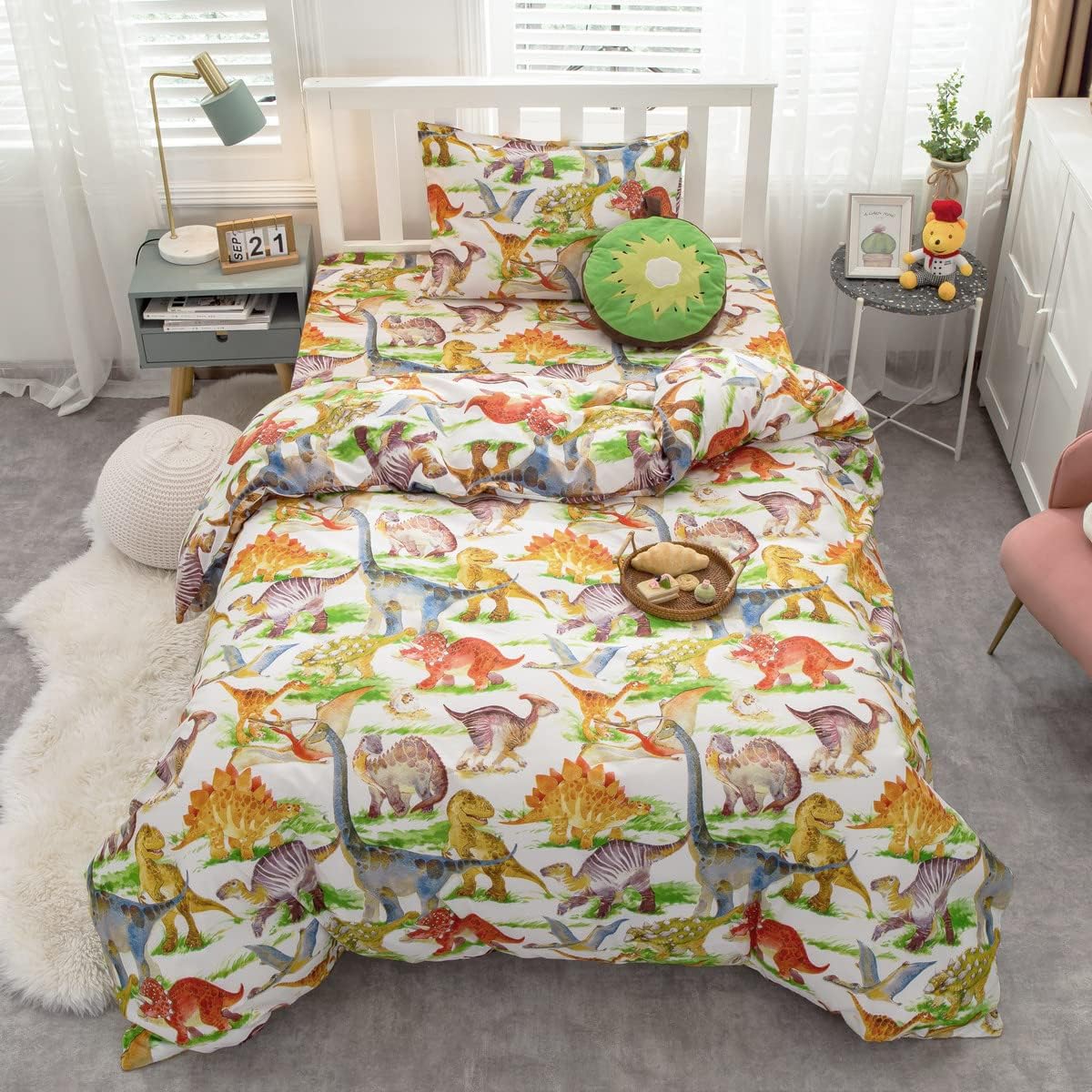 Feelyou Juego de ropa de cama de dinosaurio reversible para niños y niñas, funda de edredón de dinosaurio de 3 piezas, 1 funda de edredón + 2 fundas