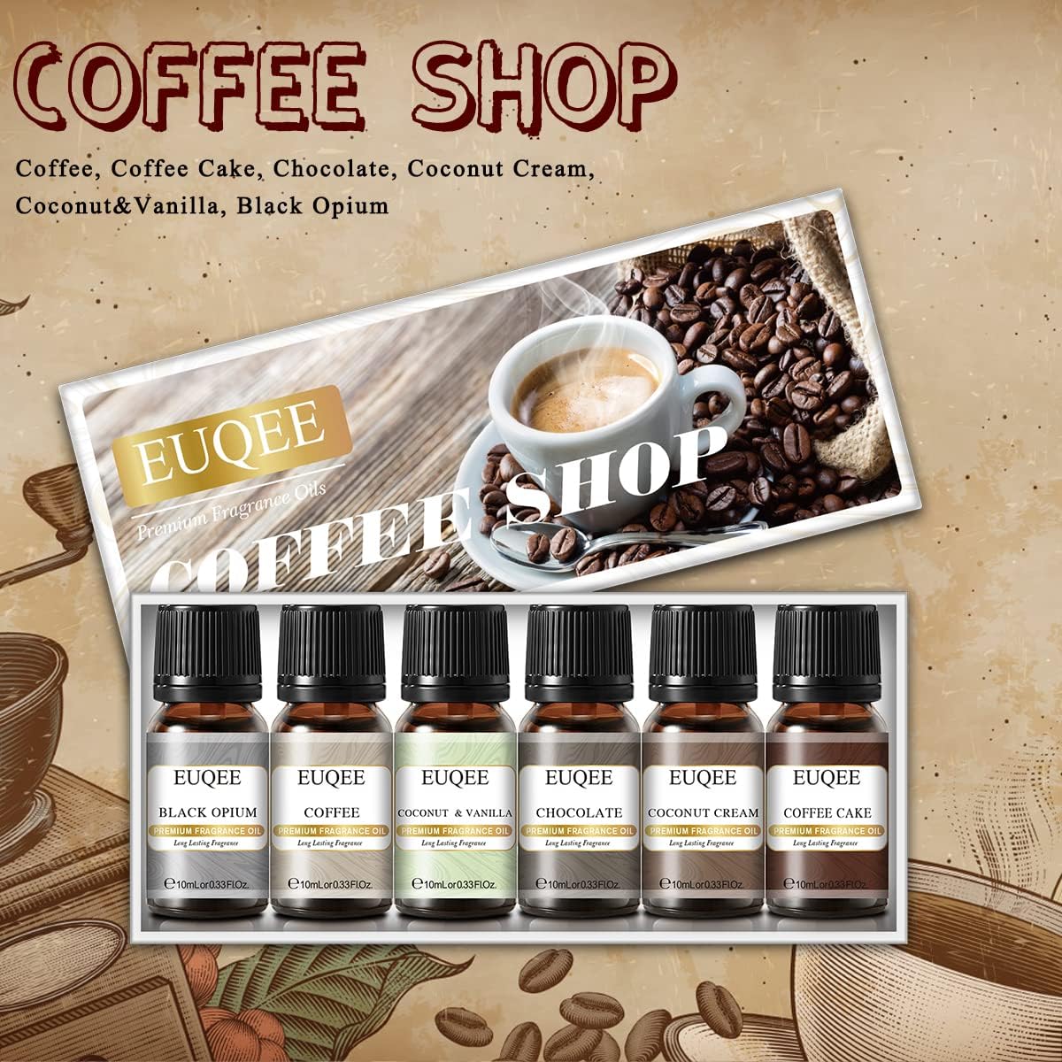 Juego de 6 aceites esenciales de fragancia prémium para cafetería, 0.3 onzas líquidas, café, pastel de café, chocolate, crema de coco, coco y