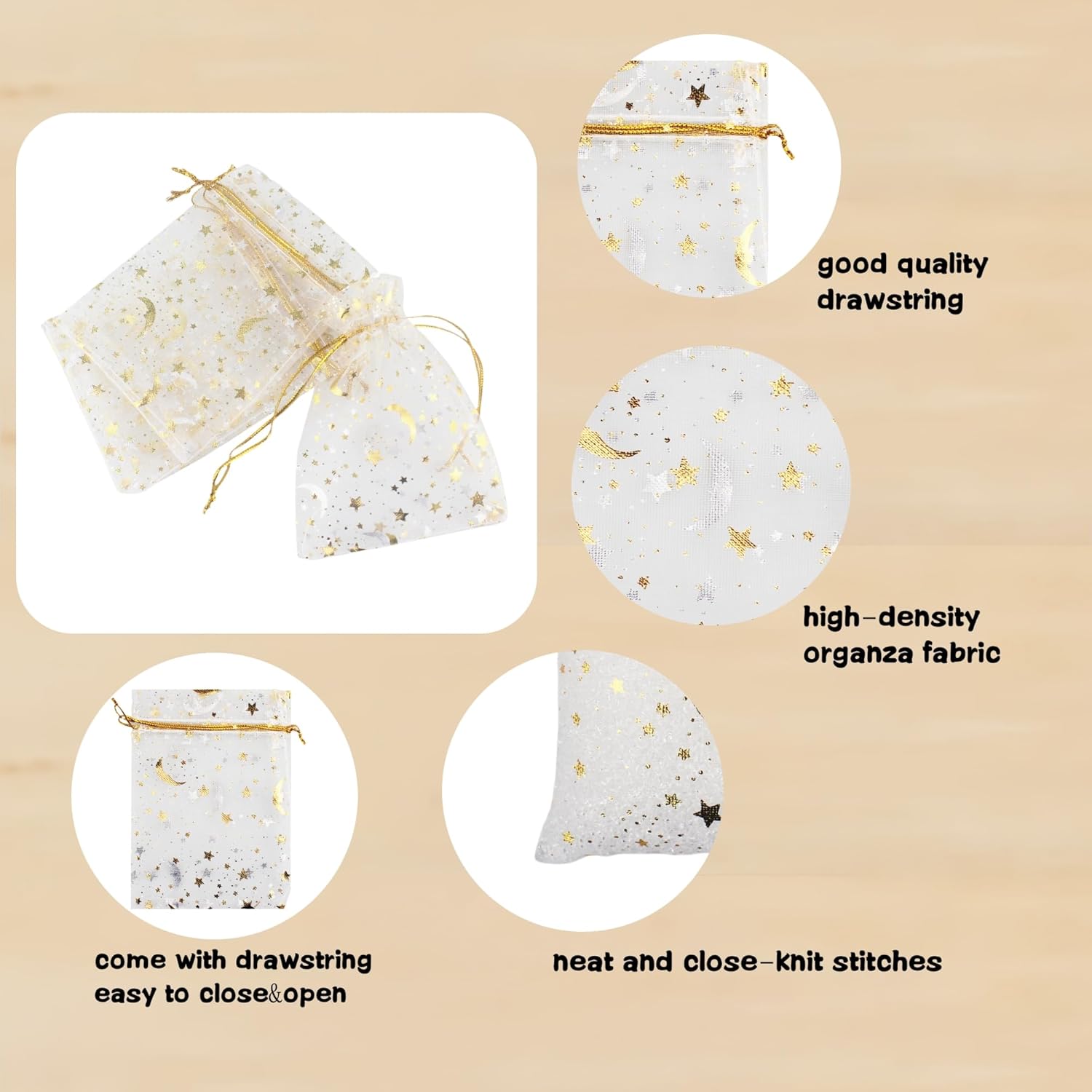 QIANHAILIZZ – 100 bolsas de organza con diseño de estrellas y lunas para joyas, para regalo de caramelos, regalo de matrimonio, con cordón ajustable.