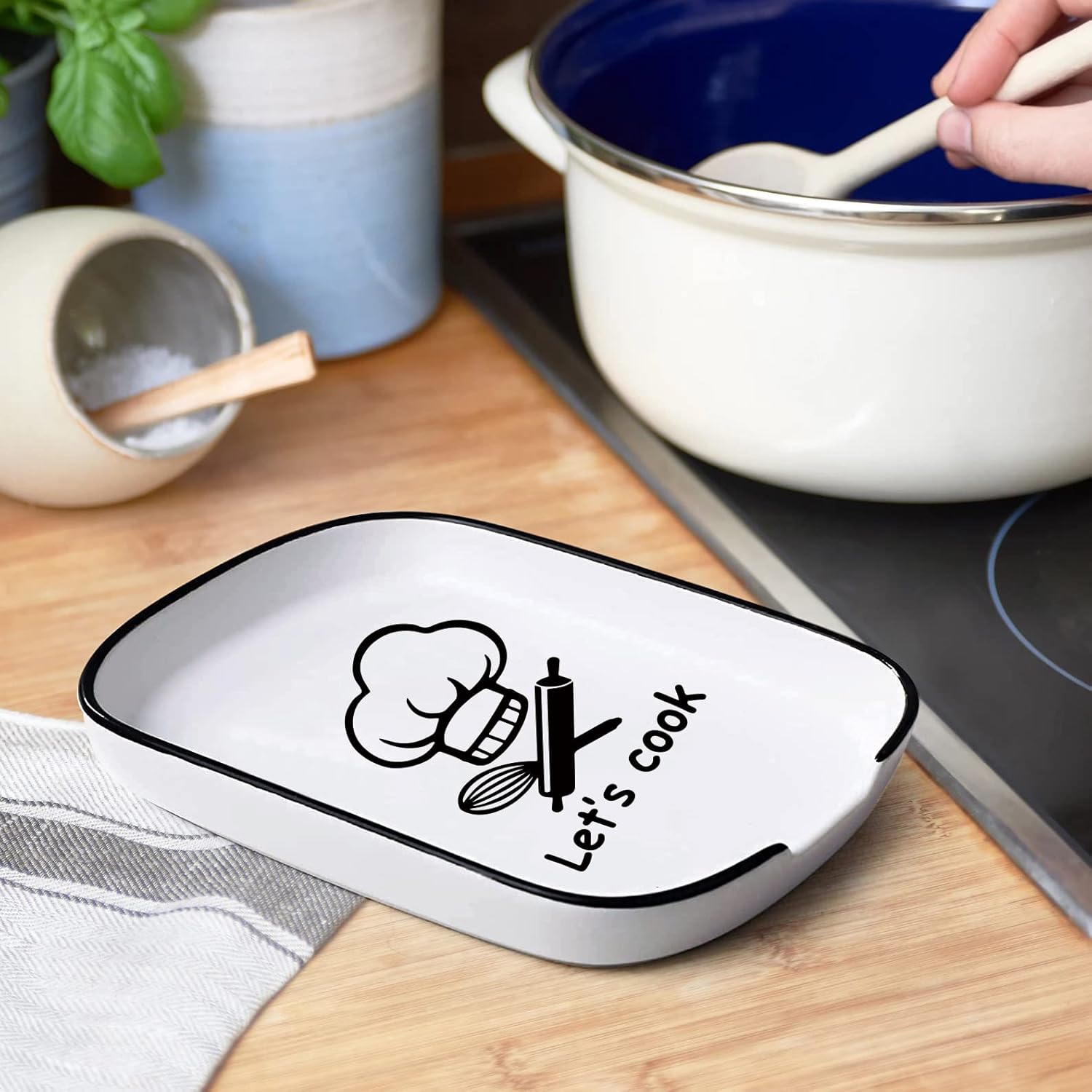 Soporte de cuchara de tenedor con diseño de cerámica con mensaje Let’s Cook, soporte de cuchara funcional para utensilios de cocina adecuado para