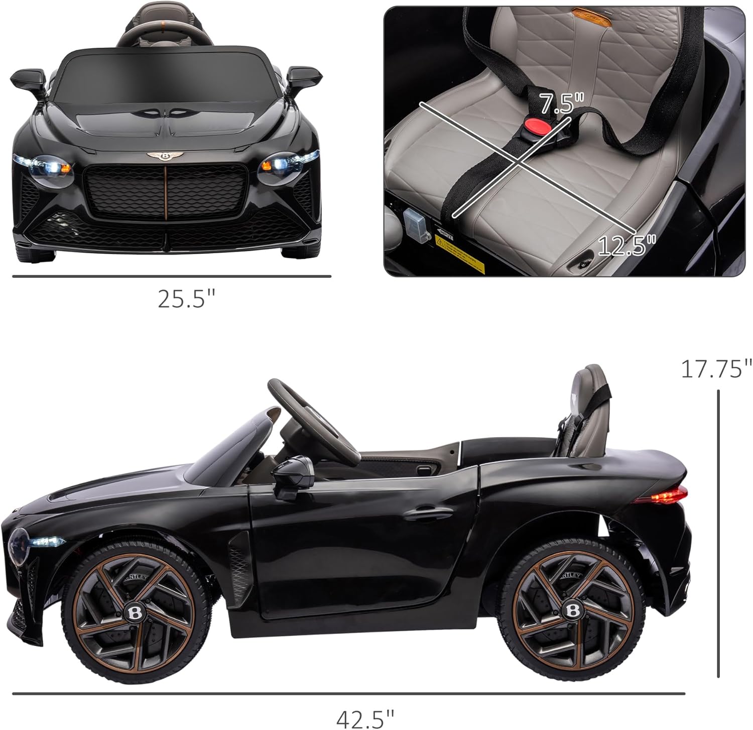 Aosom Bentley Bacalar – Auto eléctrico de 12 V para niños con control remoto, sistema de suspensión, bocina, música, luces, color negro