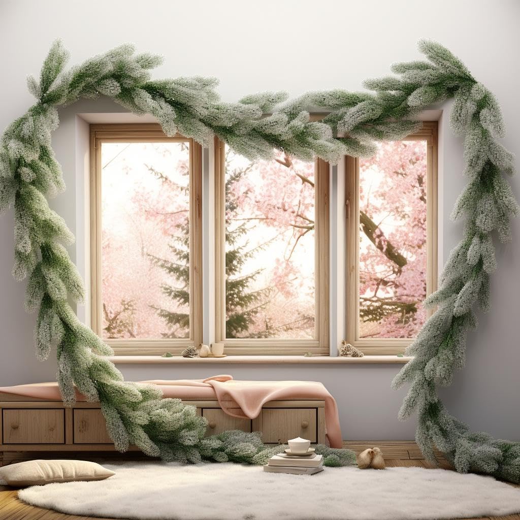 Guirnalda de pino de nieve, guirnalda de Navidad flocada para escaleras, guirnalda de pino de Navidad nevada, decoraciones de ramas largas,