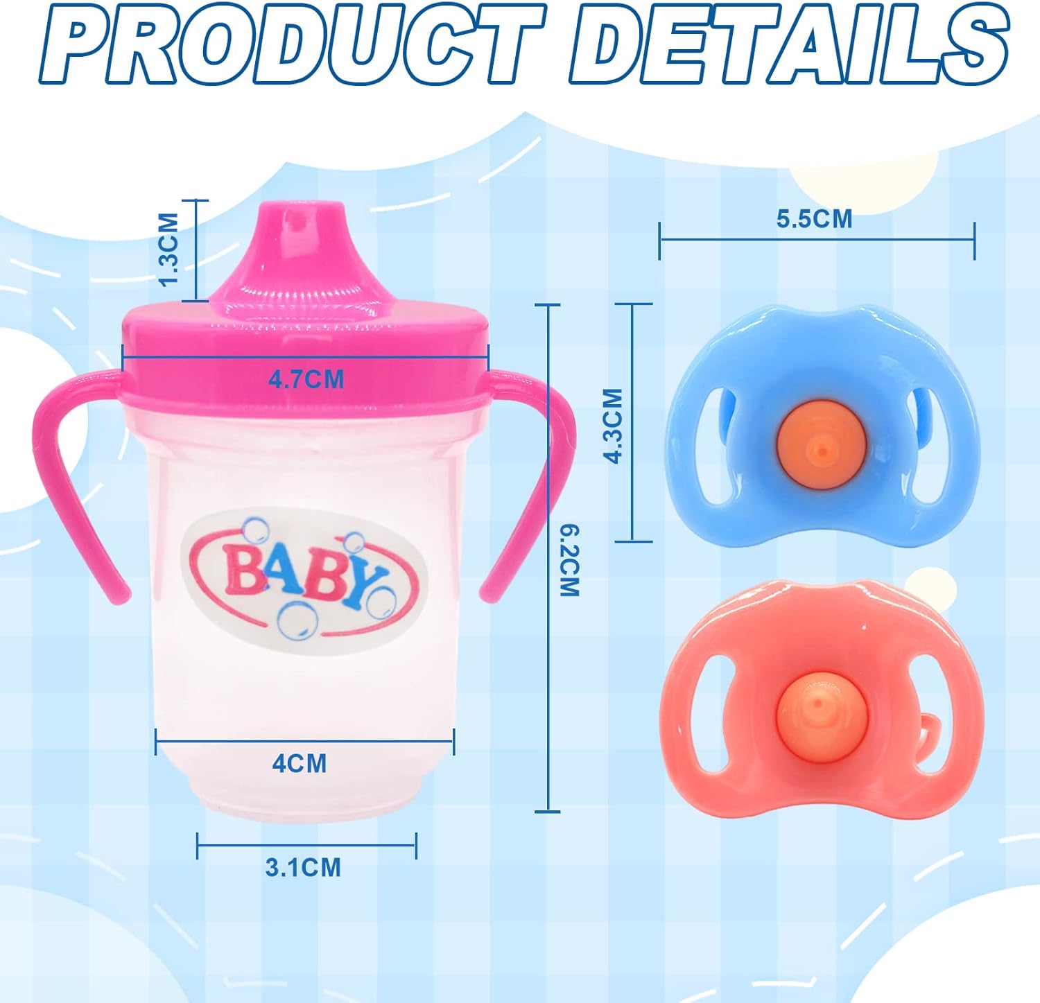 Juego de biberones para muñecas, 2 tazas para beber muñecas con 2 chupetes de juguete, accesorios para muñecas de bebé, juguetes para regalo para