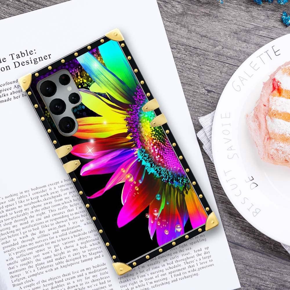 DAIZAG Funda compatible con Samsung Galaxy S23 Ultra, hermosa decoración de metal cuadrado de girasol, suave, delgada, antiarañazos, a prueba de