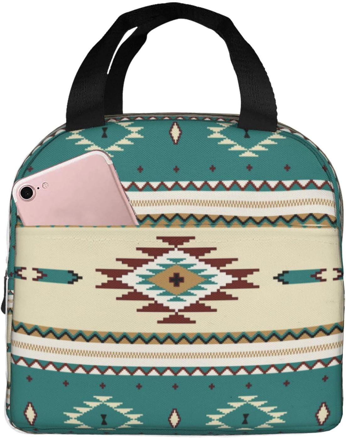 Bolsas de almuerzo portátiles reutilizables para étnica indiana, suroeste, occidental, tribal, azteca, verde, para mujeres y hombres, caja de