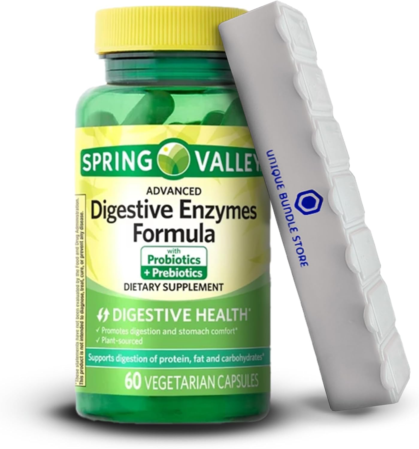 Spring Valley – Enzimas digestivas avanzadas con probióticos y prebióticos, 60 cápsulas + organizador de píldoras de 7 días incluido (paquete de 1)