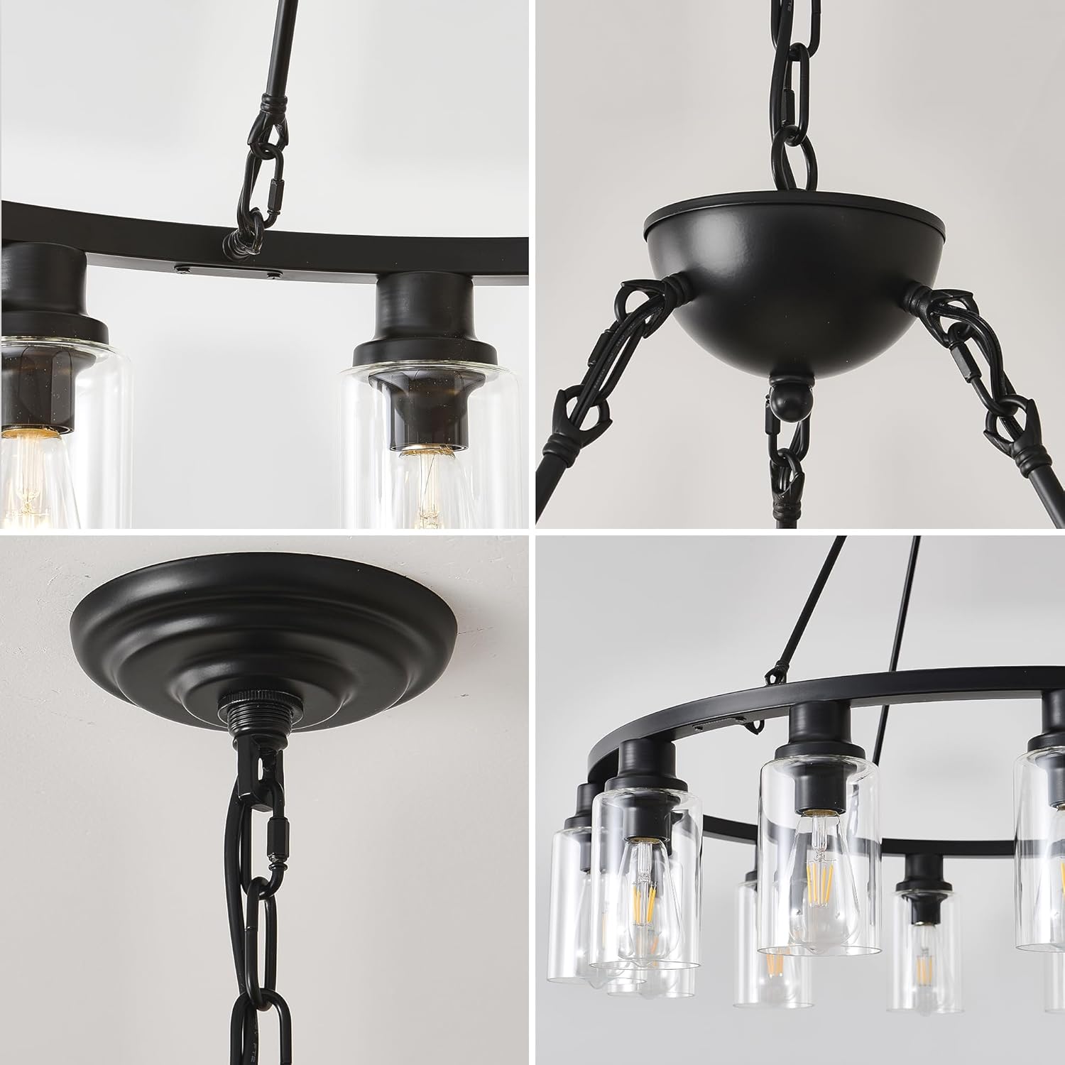 Candelabro negro de 24 pulgadas, 6 luces colgantes de cristal estilo casa de campo, isla de cocina, accesorios de iluminación colgantes redondos