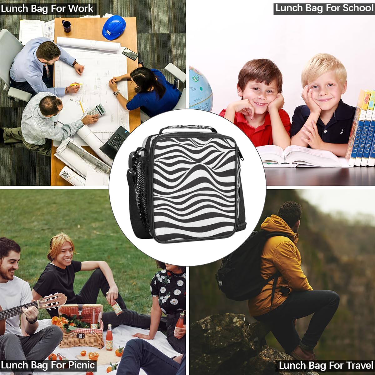 Lonchera con estampado de cebra para niños, niñas, niños, bolsas de almuerzo con textura animal para adolescentes, lonchera aislada para la escuela,