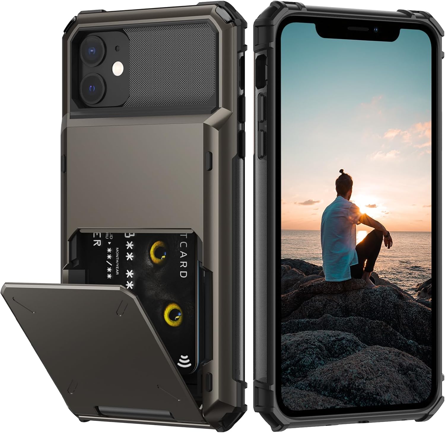 Nvollnoe Funda para iPhone 11 con tarjetero almacena 5 tarjetas Funda de doble capa resistente a prueba de golpes con ranura oculta para tarjetas,