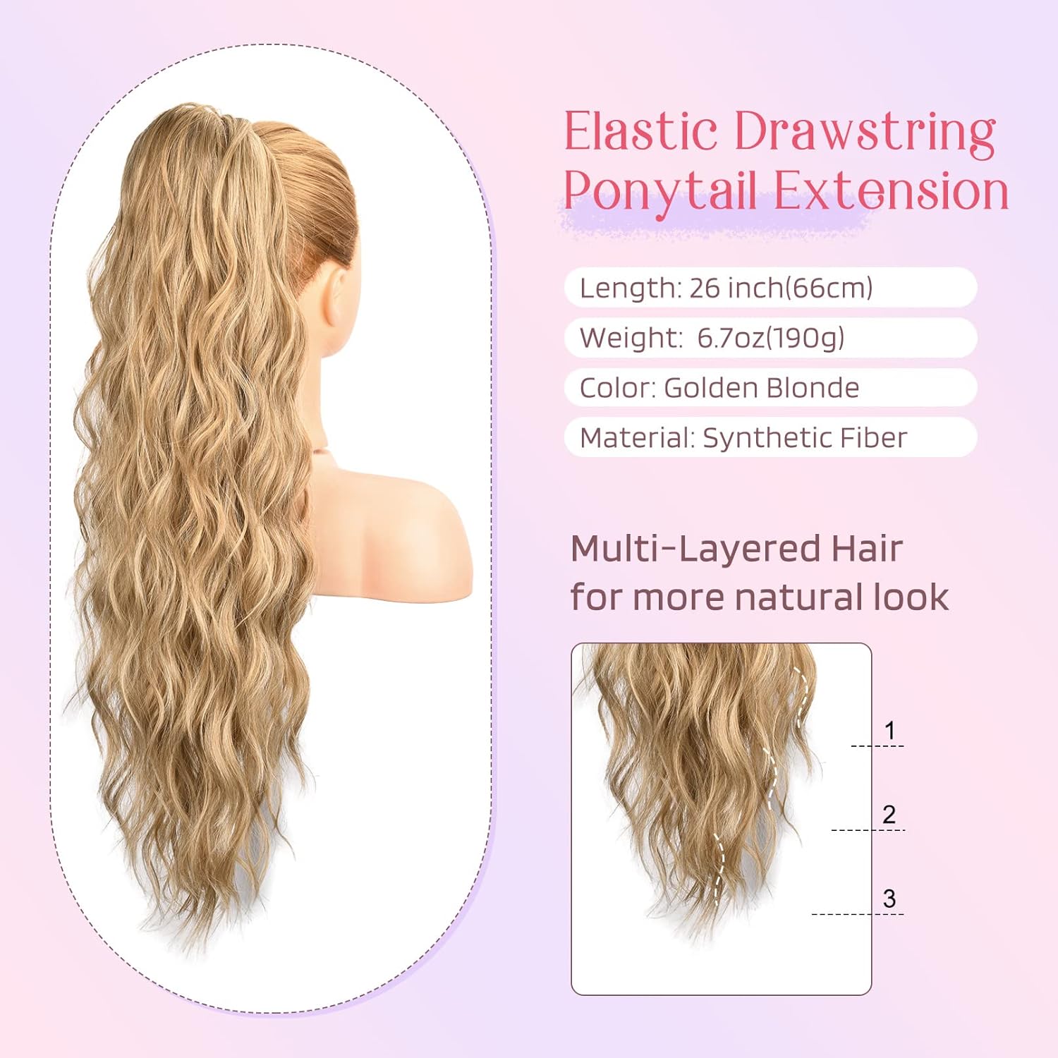 HOOJIH Extensión de cola de caballo, extensiones de cabello con cordón, 26 pulgadas de largo, rizado, ondulado, sintético, postizo natural para