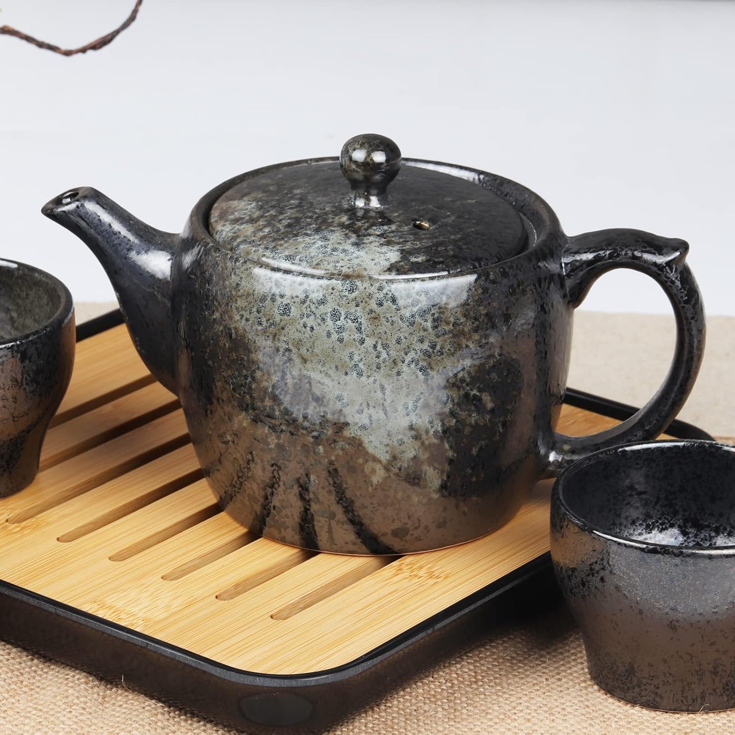 Hannah Choice Juego de té japonés de cerámica, juegos de té negro con 1 tetera, 4 tazas de té, 1 bandeja de té, 1 infusor de acero inoxidable,