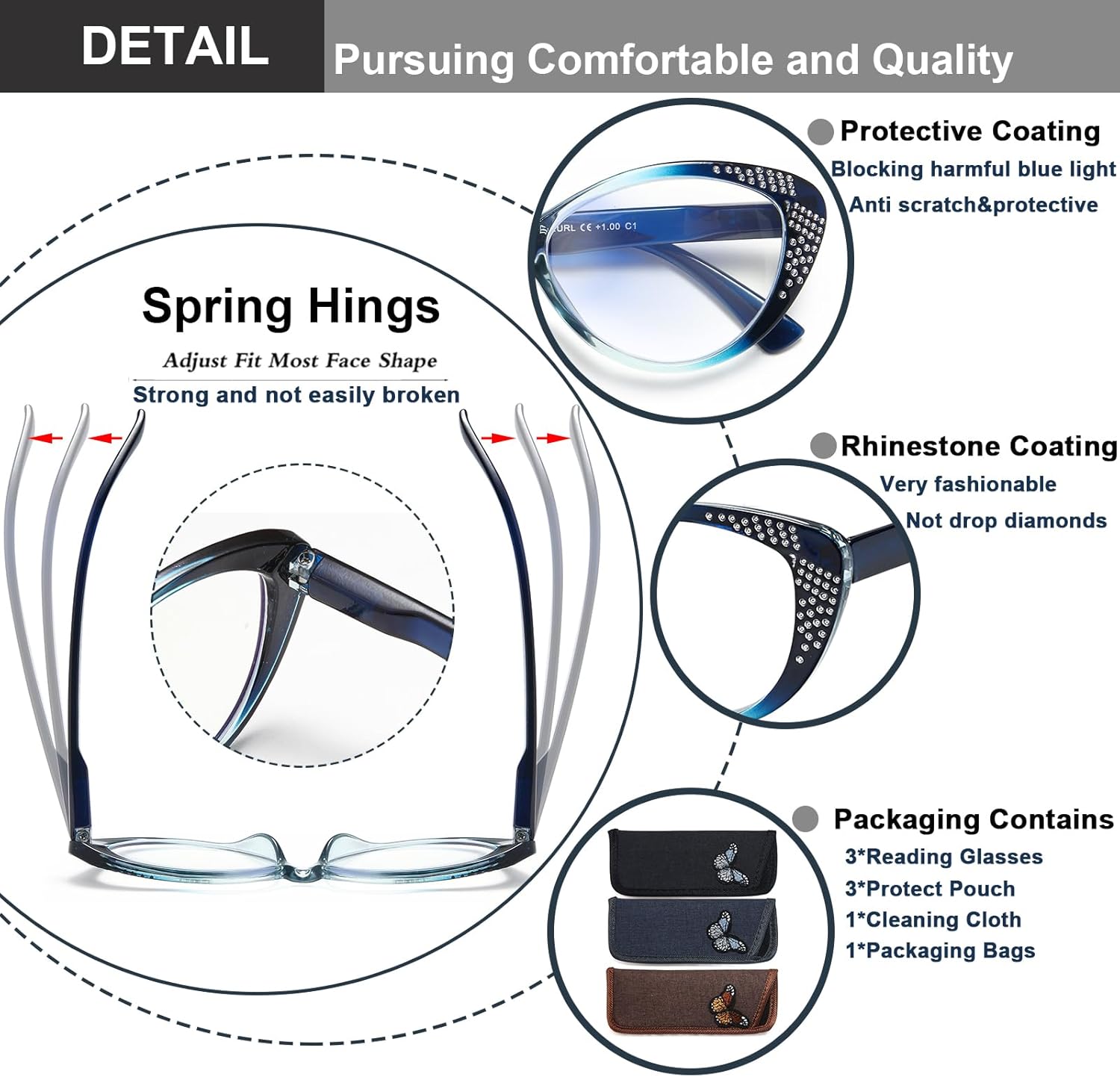 EYEURL Lentes de lectura de ojo de gato para mujer, bloqueo de luz azul, para mujer con bisagras de resorte flexibles