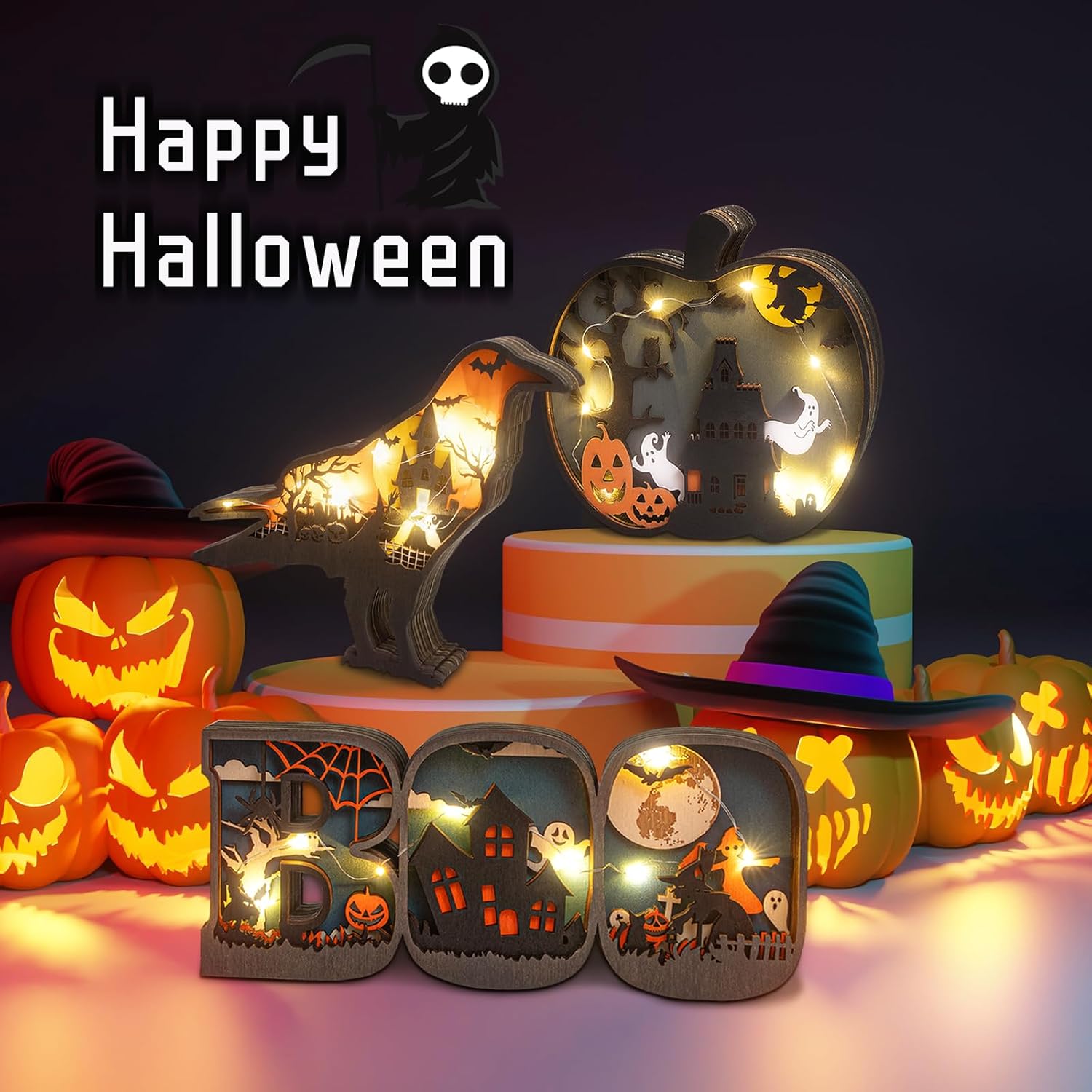 Letrero de madera para Halloween, adornos de madera tallada con luces LED, lámpara decorativa de madera para decoración de fiesta de mesa