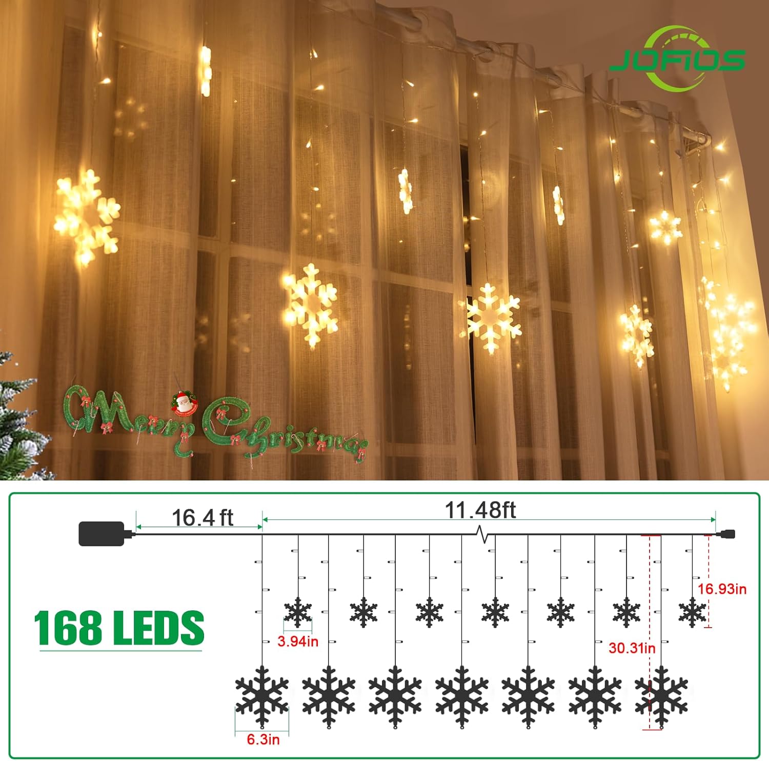 JOFIOS Luces de copo de nieve de Navidad, 11.48 pies, luces LED de Navidad con 14 gotas, luces de copo de nieve impermeables que emiten iluminación