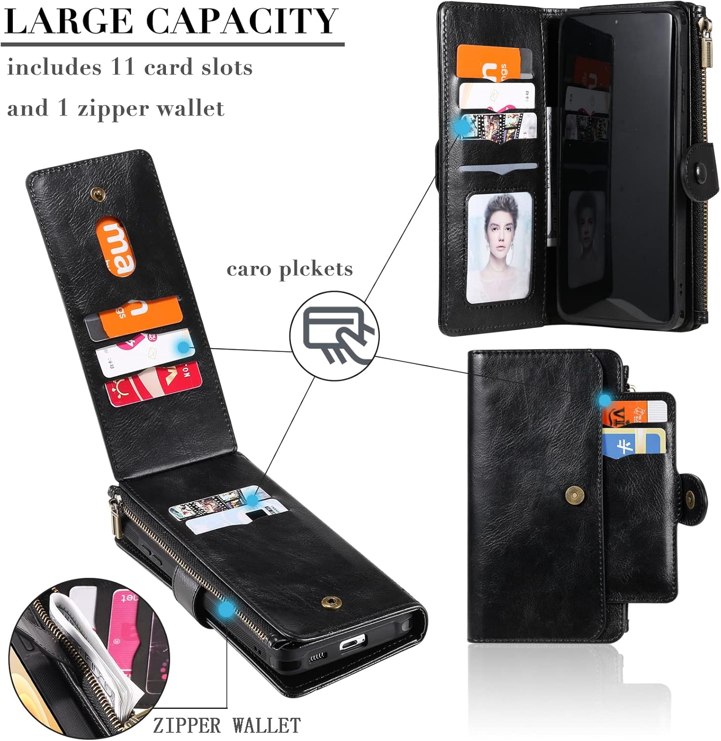Asuwish Funda de teléfono para Samsung Galaxy S21 Ultra 5G con cremallera, protector de pantalla de vidrio templado y tarjetero de cuero, accesorios