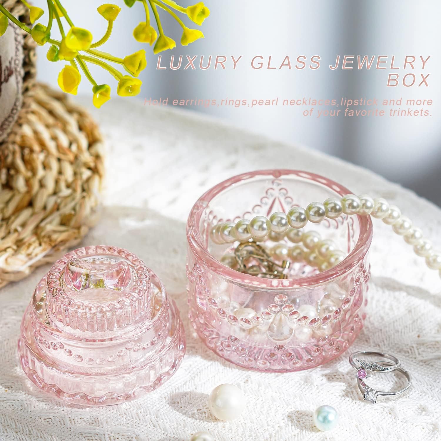 Platos de cristal decorativos para dulces, tarro de caramelo de cristal en forma de pastel rosa con tapas, cuenco para dulces con tapa, contenedor