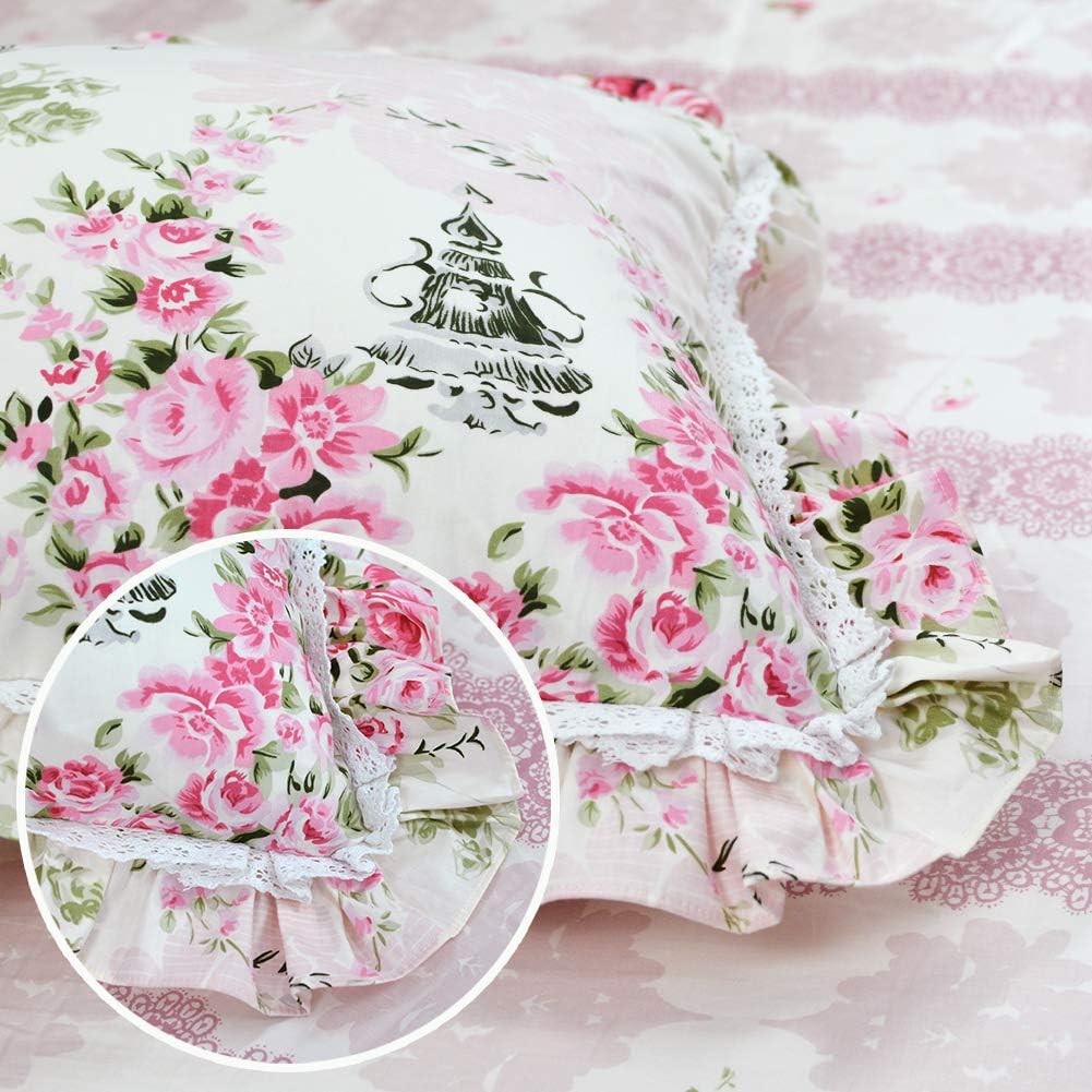 FADFAY Juego de funda de edredón, estilo floral elegante desgastado de roseta rosado, con cierre de cremallera oculto, 100% algodón, con falda de