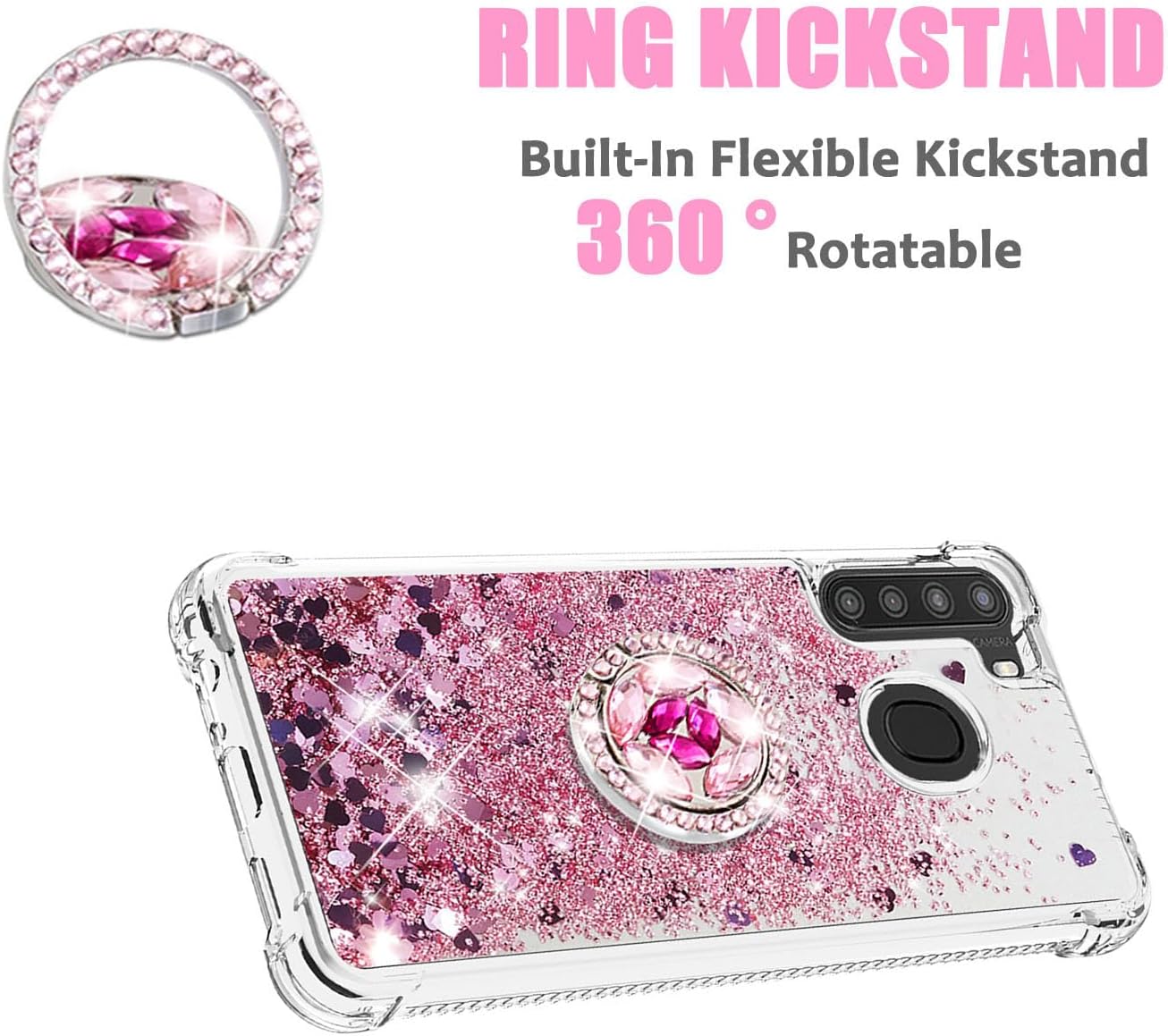 Asuwish Funda de teléfono para Samsung Galaxy A21 con protector de pantalla y soporte para anillo, purpurina líquida brillante, transparente,