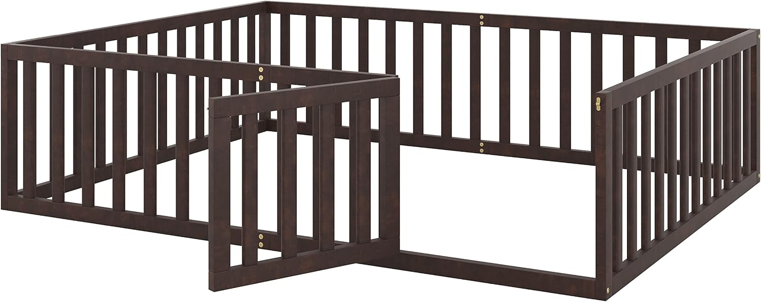 Cama de suelo tamaño Queen para niños, cama Montessori con barandillas en forma de valla y puerta, cama de piso de madera, cama tamaño Queen para