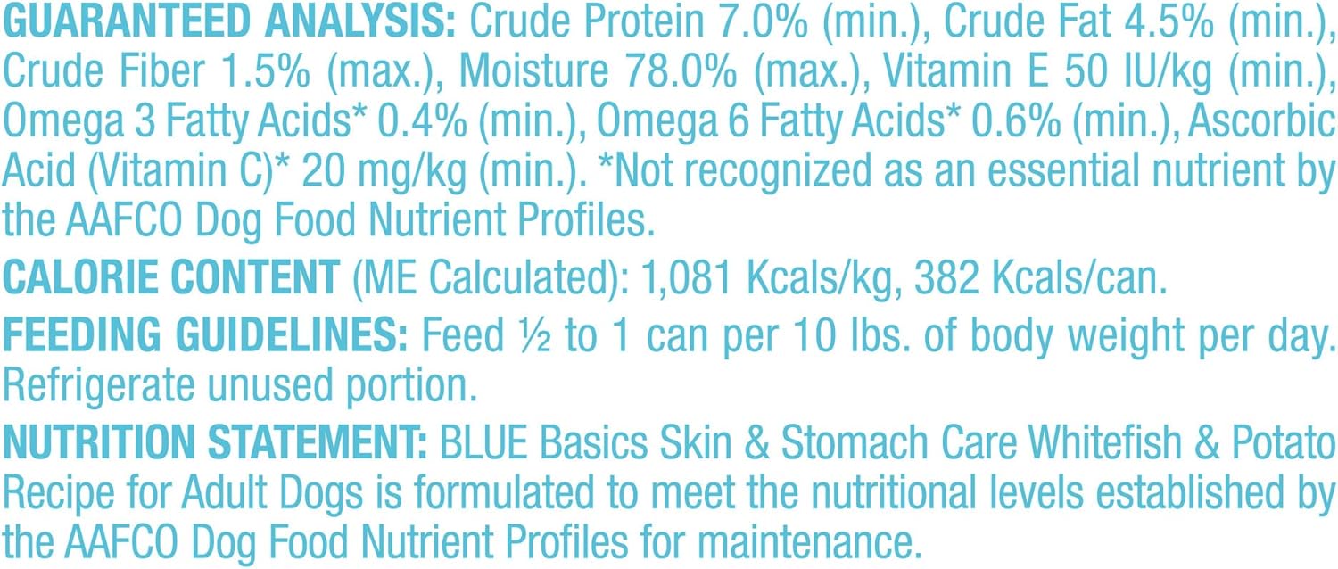 Blue Buffalo Basics Skin & Stomach Care, alimento húmedo natural para perros adultos, sin granos, latas de pescado blanco, latas de 12.5 onzas