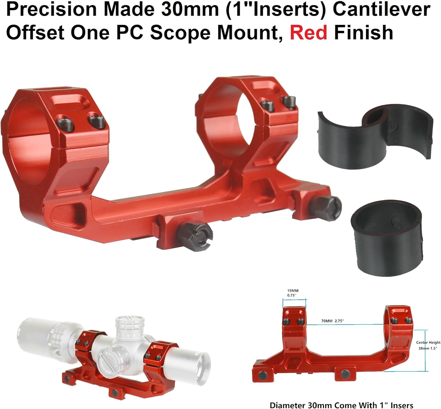 TWP Montura de anillo de una pieza con alcance Picatinny en voladizo, 1.181 in con inserciones de 1 pulgada, perfil de altura media hecho con