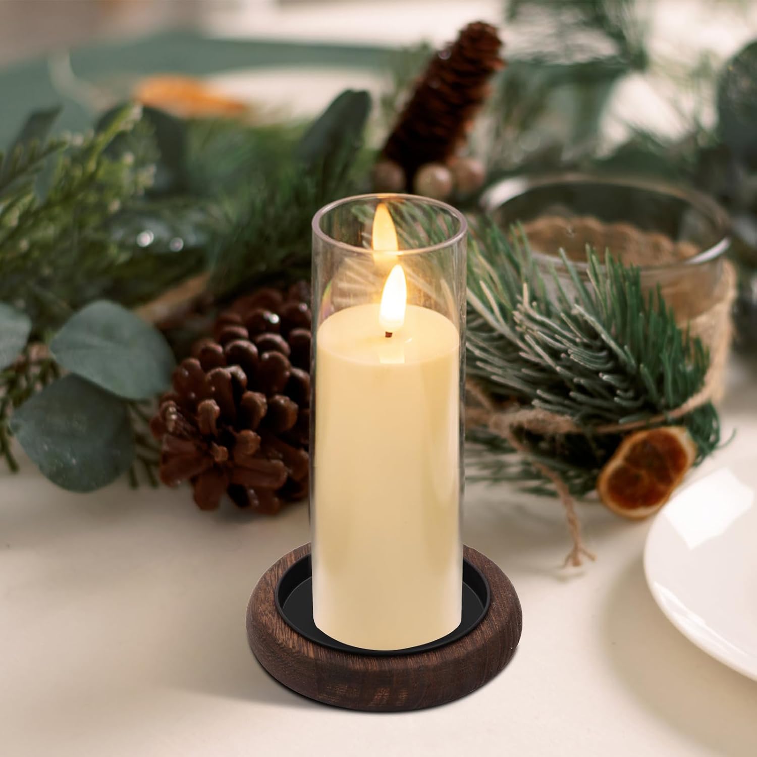 Hatway Portavelas de madera, decoración de granja, bandeja de velas de pilar de madera para centro de mesa, bandeja decorativa pequeña, elevador