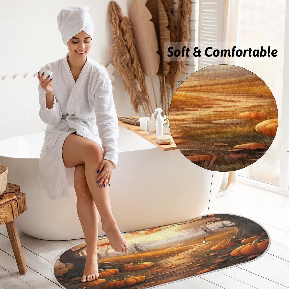 cfpolar Pumpkins Fall Maple Leaves Bathroom Rugs Non-Slip Bath Rug Microfiber Bath Mat Absorbent Kitchen Mats and Rugs Machine Washable Oval Plush