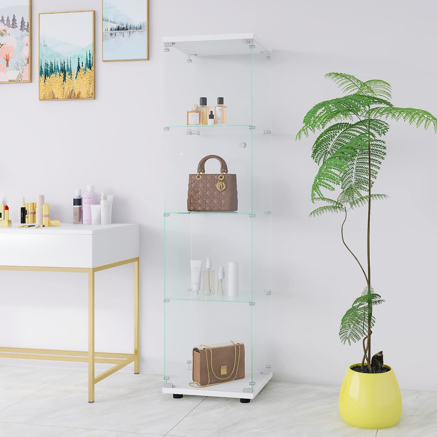 Fulocseny Gabinete de puerta de vidrio transparente de 4 niveles con puerta, fácil de instalar, vidrio templado sólido, vitrina de la colección