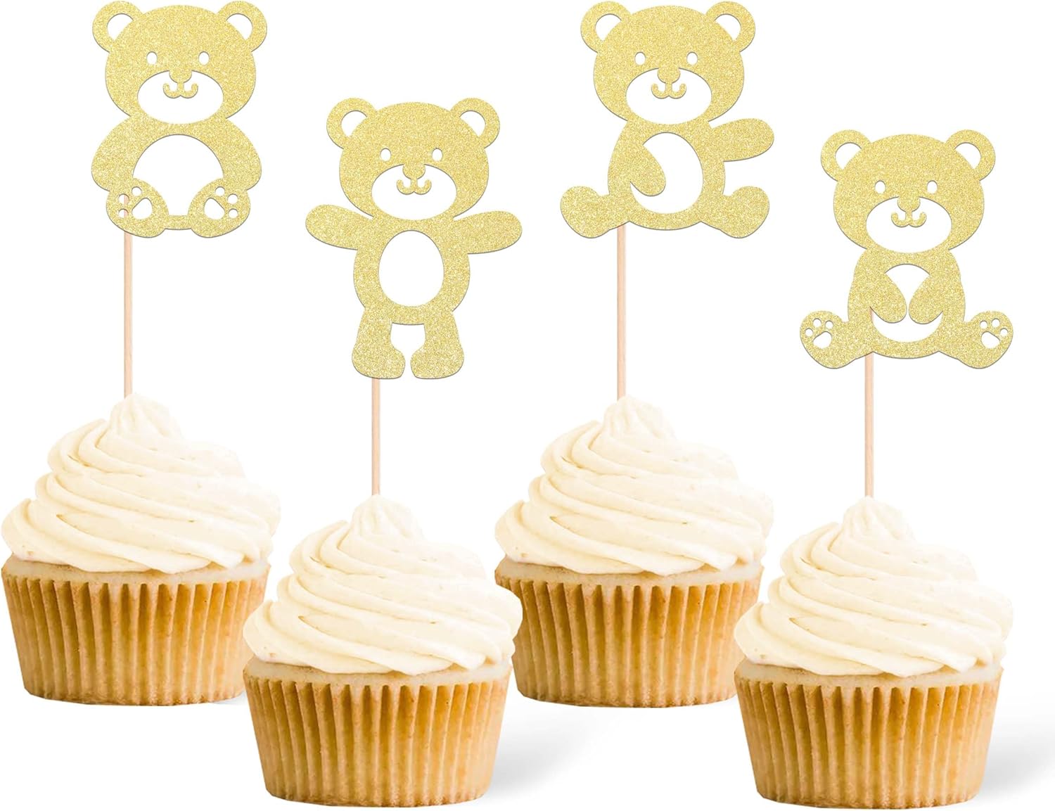 24 piezas de decoración para cupcakes de oso de bebé, purpurina dorada de doble cara, lindos osos para cupcakes, decoración de pasteles de
