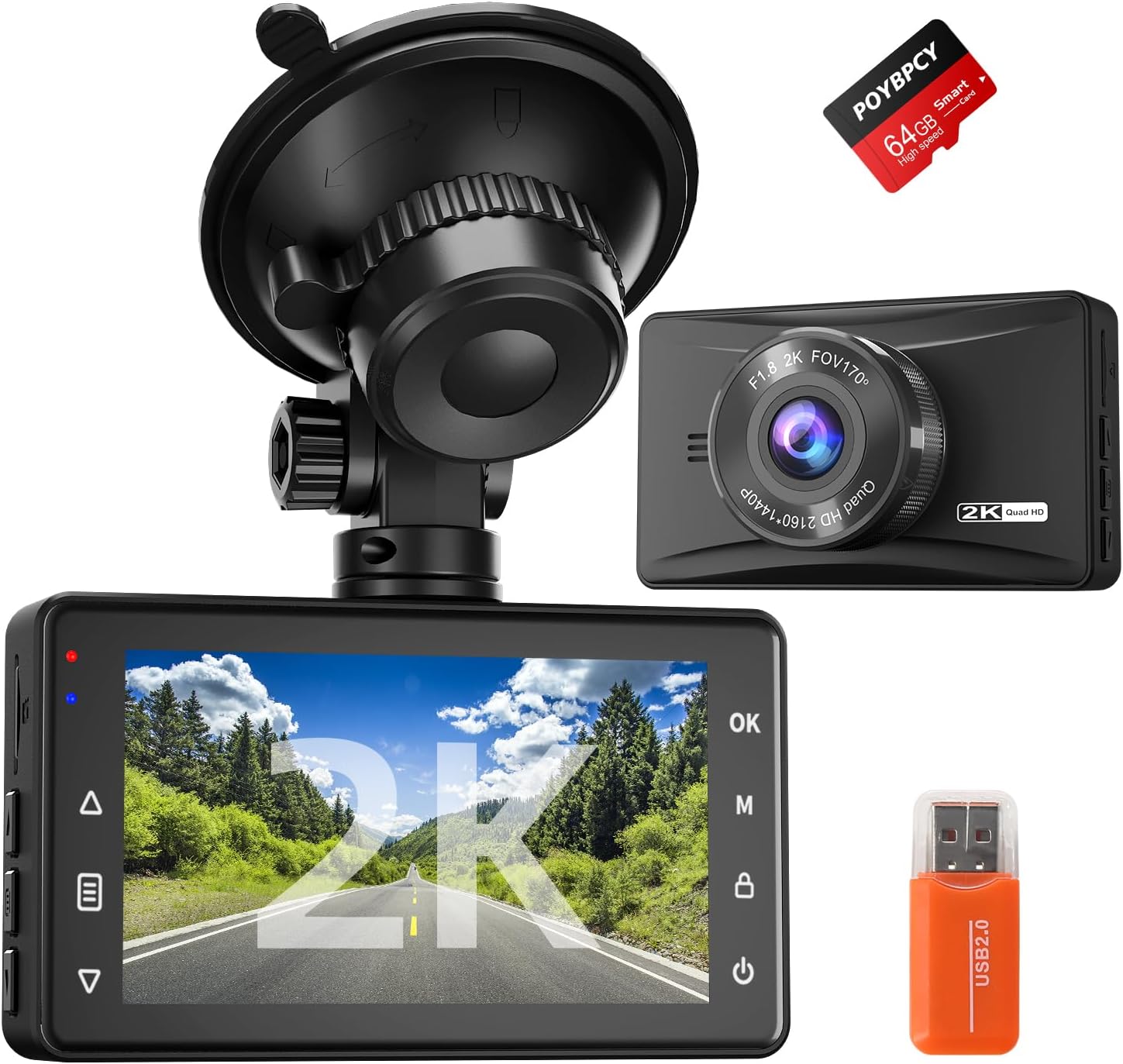 Dash Cam frontal 2K con tarjeta SD de 64 GB 1440P Quad HD Cámara de tablero para autos Pantalla IPS de 3 pulgadas, grabadora de conducción con