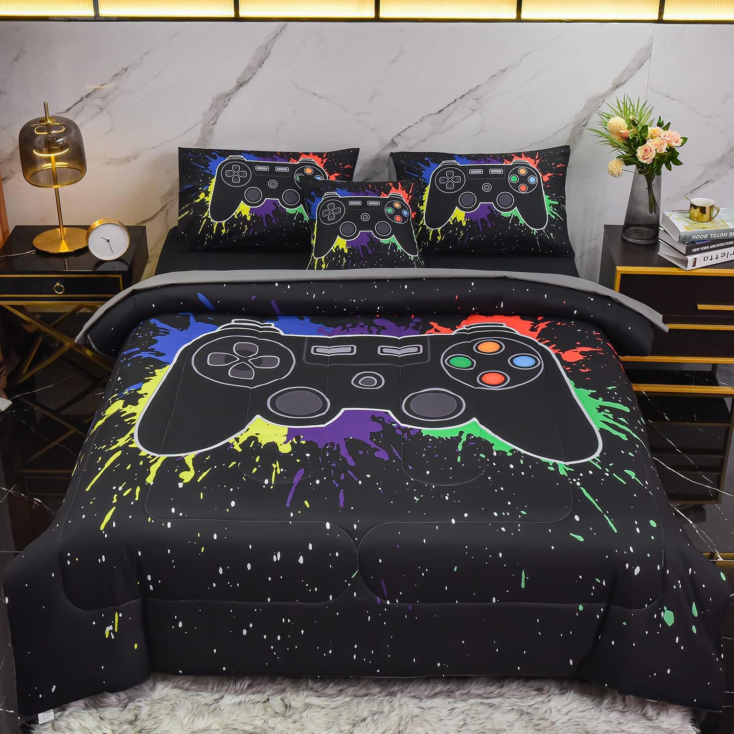 Keyroal Juego de edredón de 6 piezas con sábanas para niños, niñas, niños y adolescentes, ropa de cama con temática de juegos de grafiti colorido en