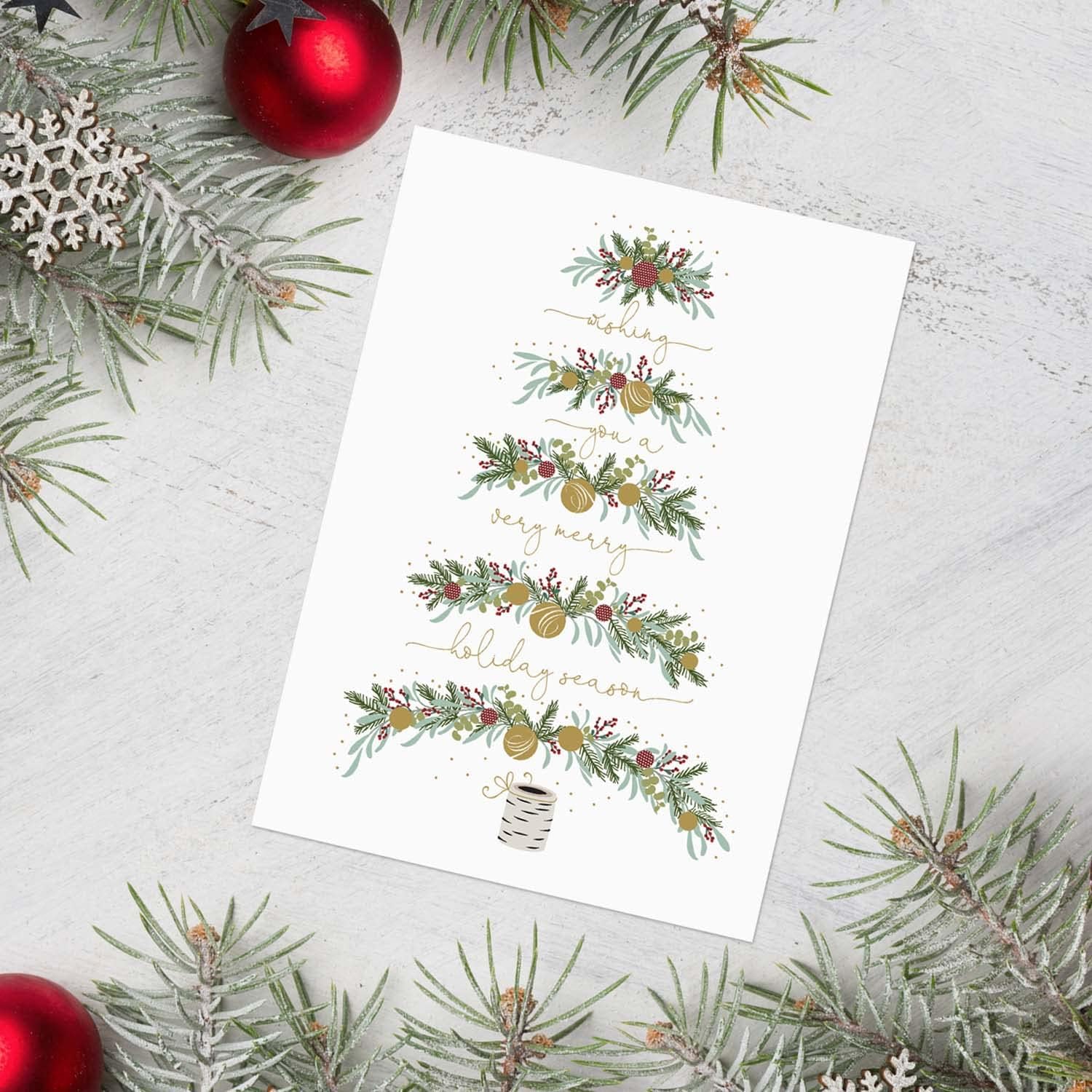 Between The Branches – Tarjetas navideñas de papel de aluminio dorado, 16 tarjetas de Navidad en caja con sobres forrados de aluminio, tarjetas de