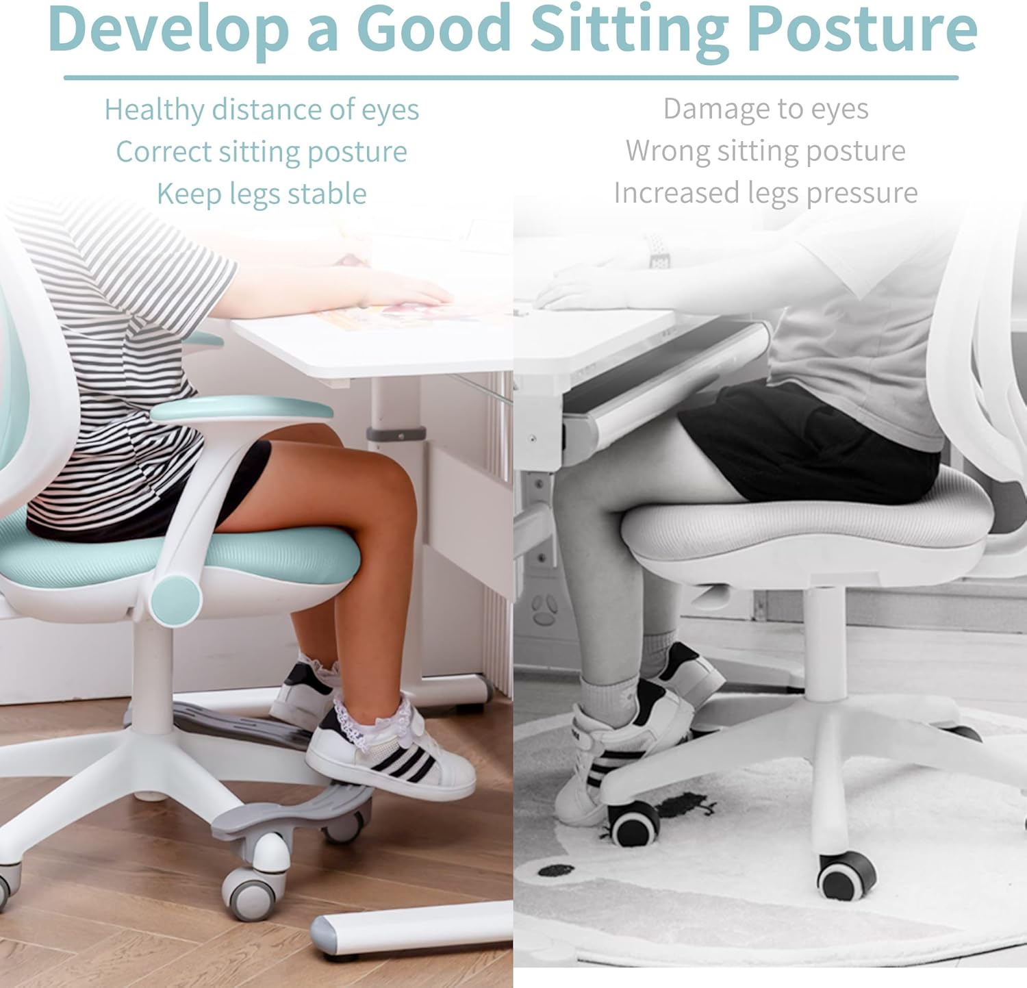 HOMEFUN Silla de escritorio para niños, sillas de computadora con reposabrazos y reposapiés para niños y niñas, bonita malla ergonómica con altura