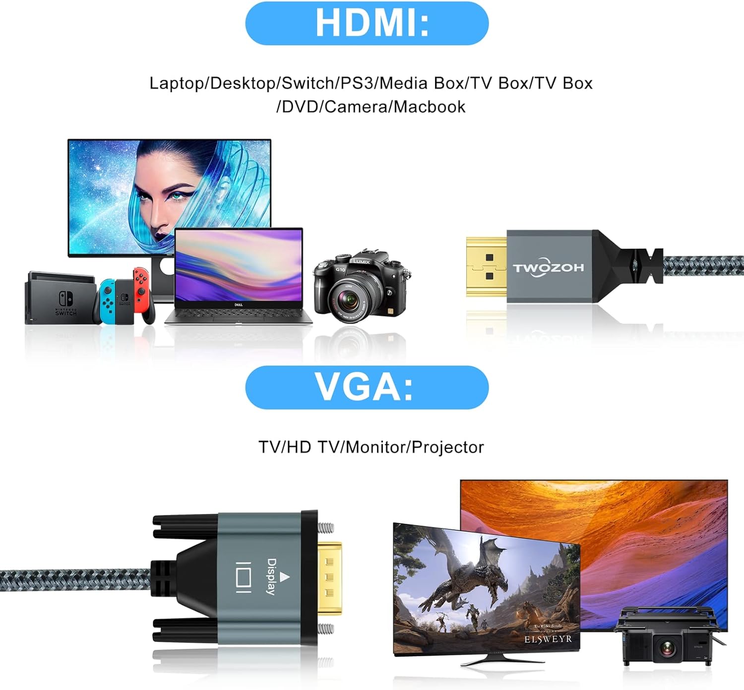 Twozoh Cable HDMI a VGA de 15 pies. Aleación de aluminio Shell Nylon Trenzado y chapado en oro Soporte 1080P60HZ