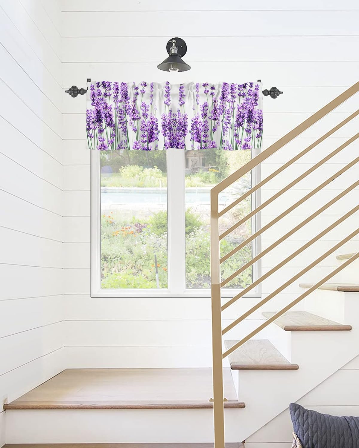 Cortina de cenefas de lavanda púrpura pastoral para cocina, cafetería, cenefa floral de primavera de 42 x 12 pulgadas, bolsillo para barra, cortinas