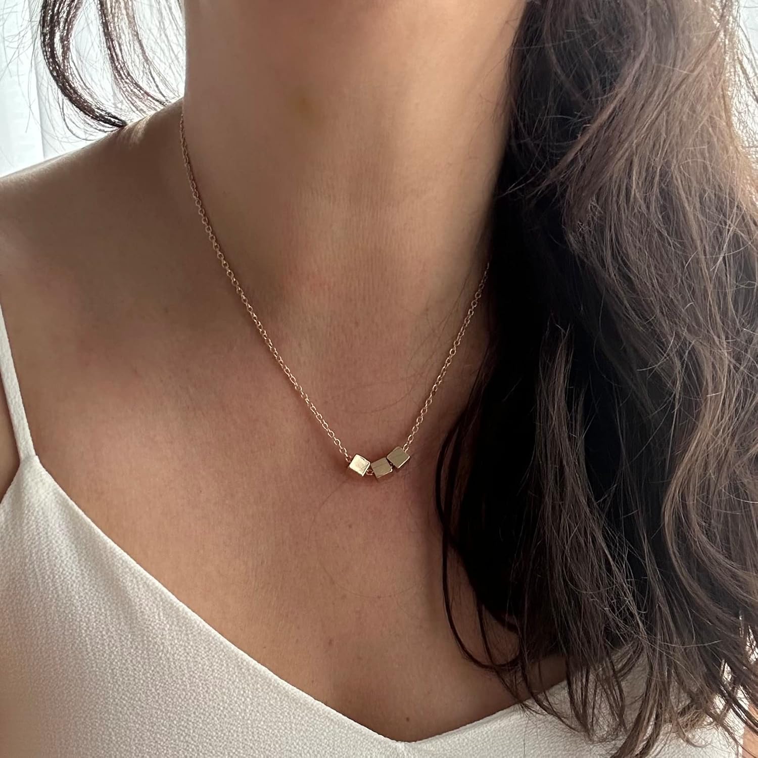 Dainty Stainless Steal 17″ necklace 3 tiny geometric cubes. Not fading hypoallergenic, comes in gold and silver. HANDMADE BALOOLA jewelry. Dainty
