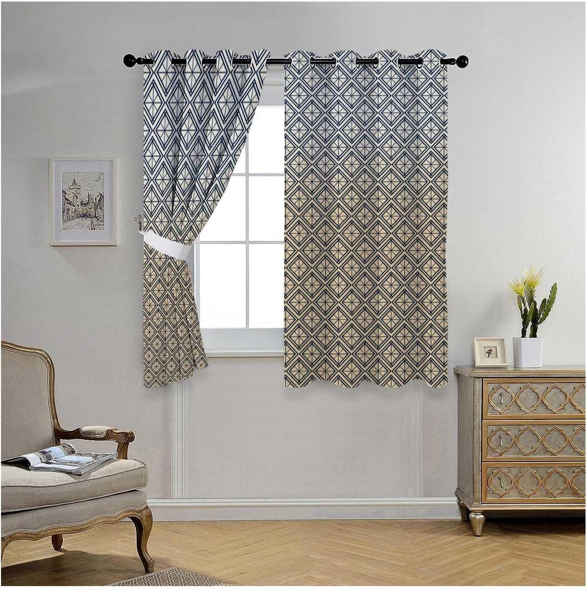 YANFENQI Cortina blackout para Habitacion color crema geométrica a cuadros cortinas para puerta separar cuartos 55 pulgadas de ancho por 55 pulgadas