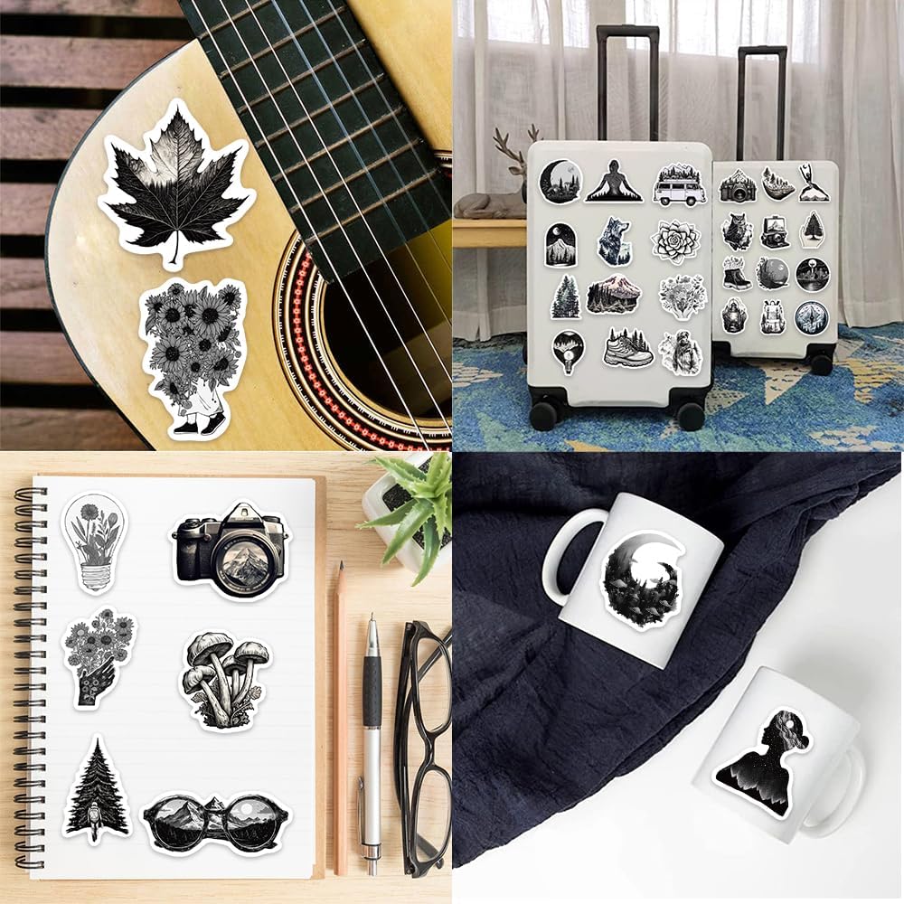 60 calcomanías para exteriores, calcomanías de aventura en blanco y negro para maleta, botella de agua, álbum de recortes, diario, laptop, patineta,